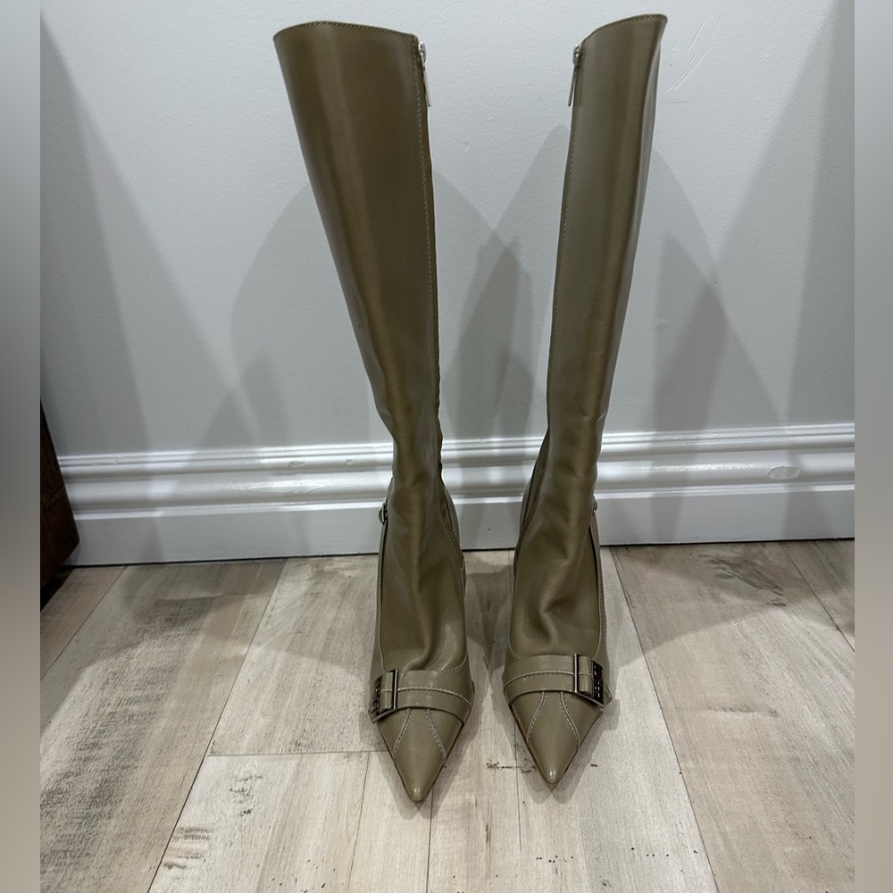 Christian Dior grey/tan knee high heels. Alright condition no rips or flaws.